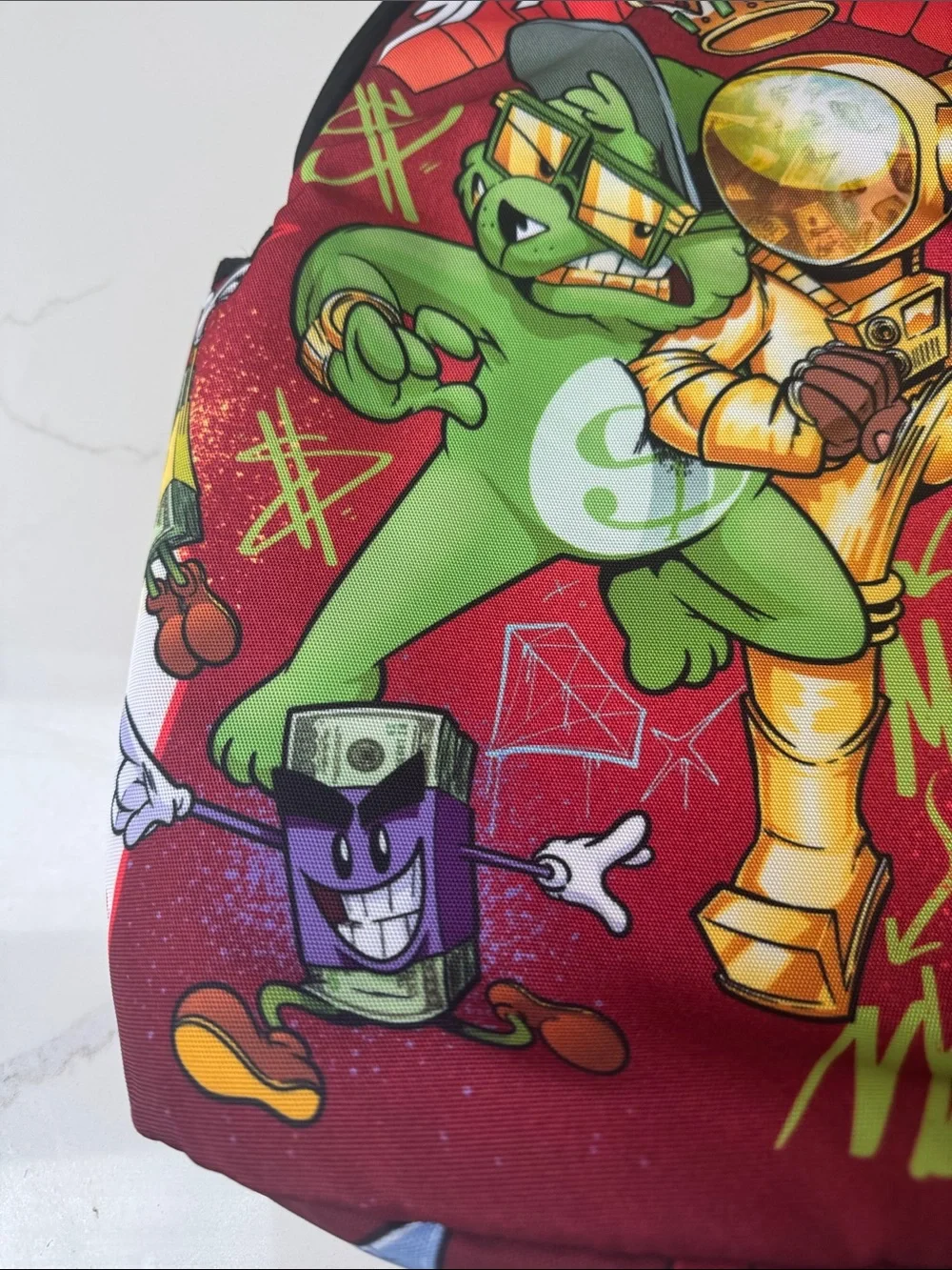 Sprayground Red Kids Backpack with Multicolor Cartoon Graphics